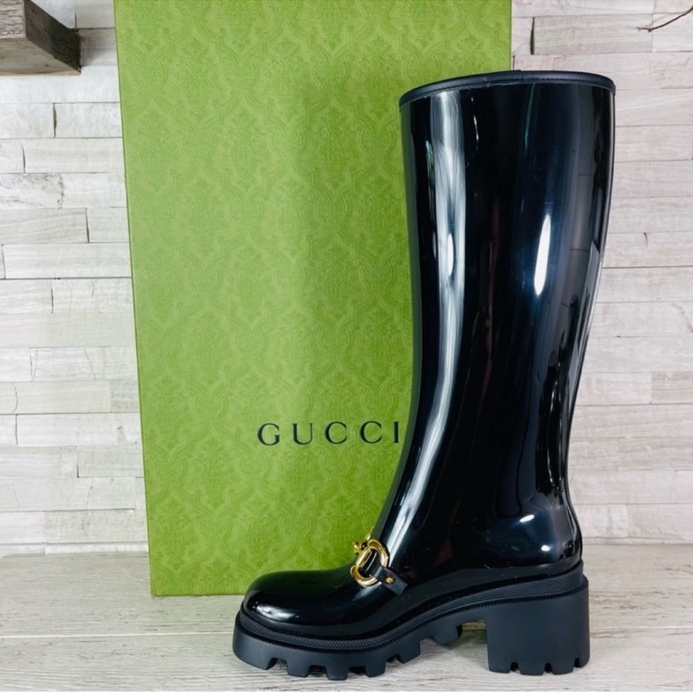 Gucci NWB Size 38 Black Gloss Rubber Insulated Horsebit Knee-High Rain Boot NWT - Picture 10 of 14